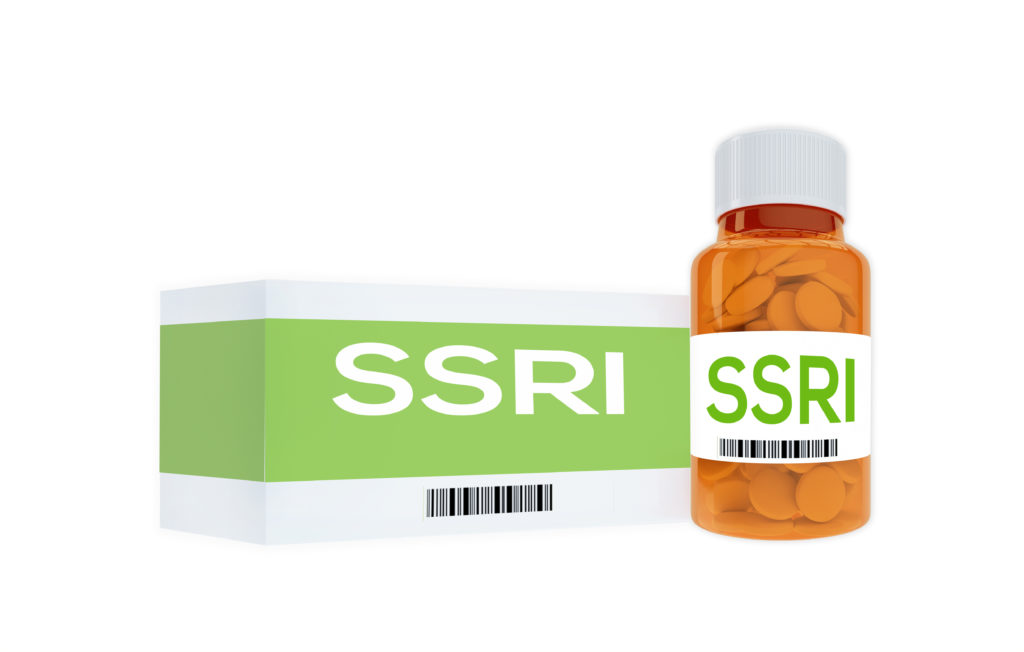 3D illustration of "SSRI" title on pill bottle, isolated on white.