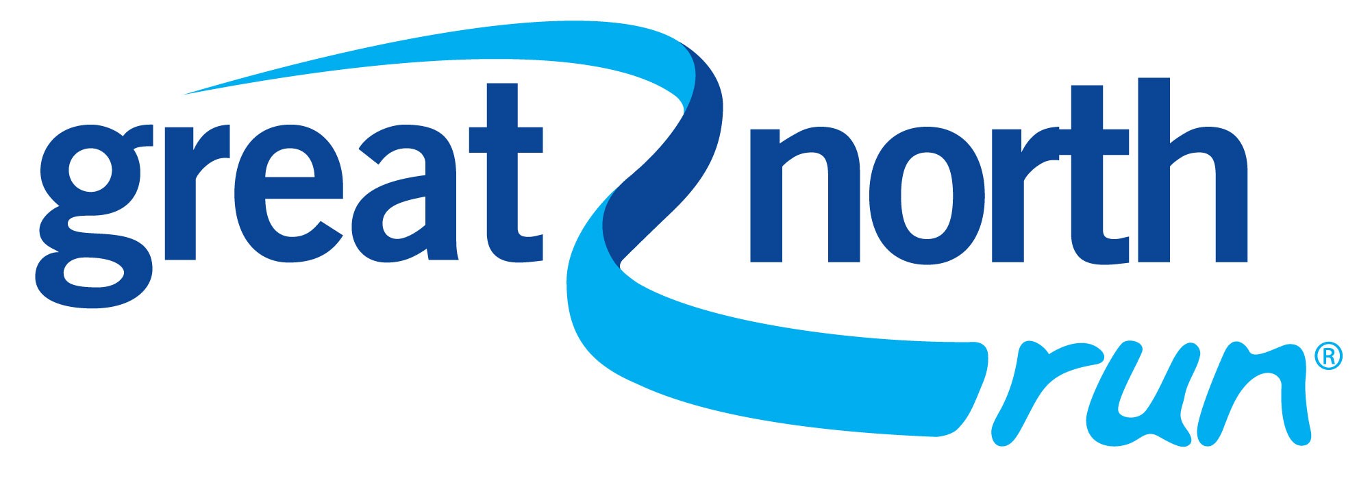A copy of the Great North Run logo. Great North Run text in blue with a blue swirl through the text.