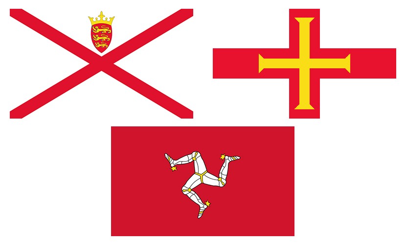 An image of three flags of Jersey, Guernsey and Isle of Man.