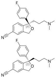 Skeletal formulae of two enantiomers of citalopram