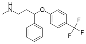 Skeletal formula of fluoxetine (original trade name Prozac)