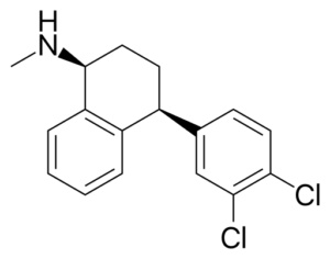 Skeletal formula of sertraline (original brand name Zoloft)