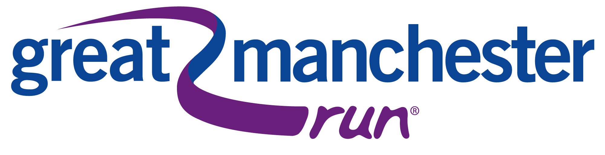 A copy of the Great Manchester Run logo, blue and purple words with a swirled line throuhg the middle