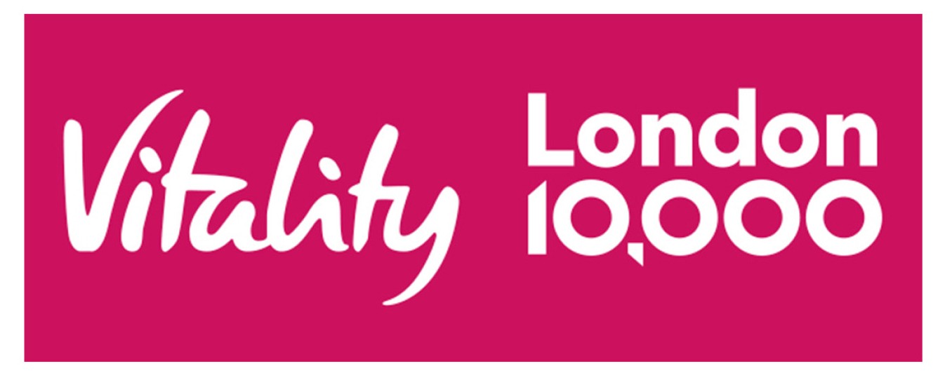A copy of the London,10,000 logo. Vitality London 10,000 white text on a pink background in a rectangular shape