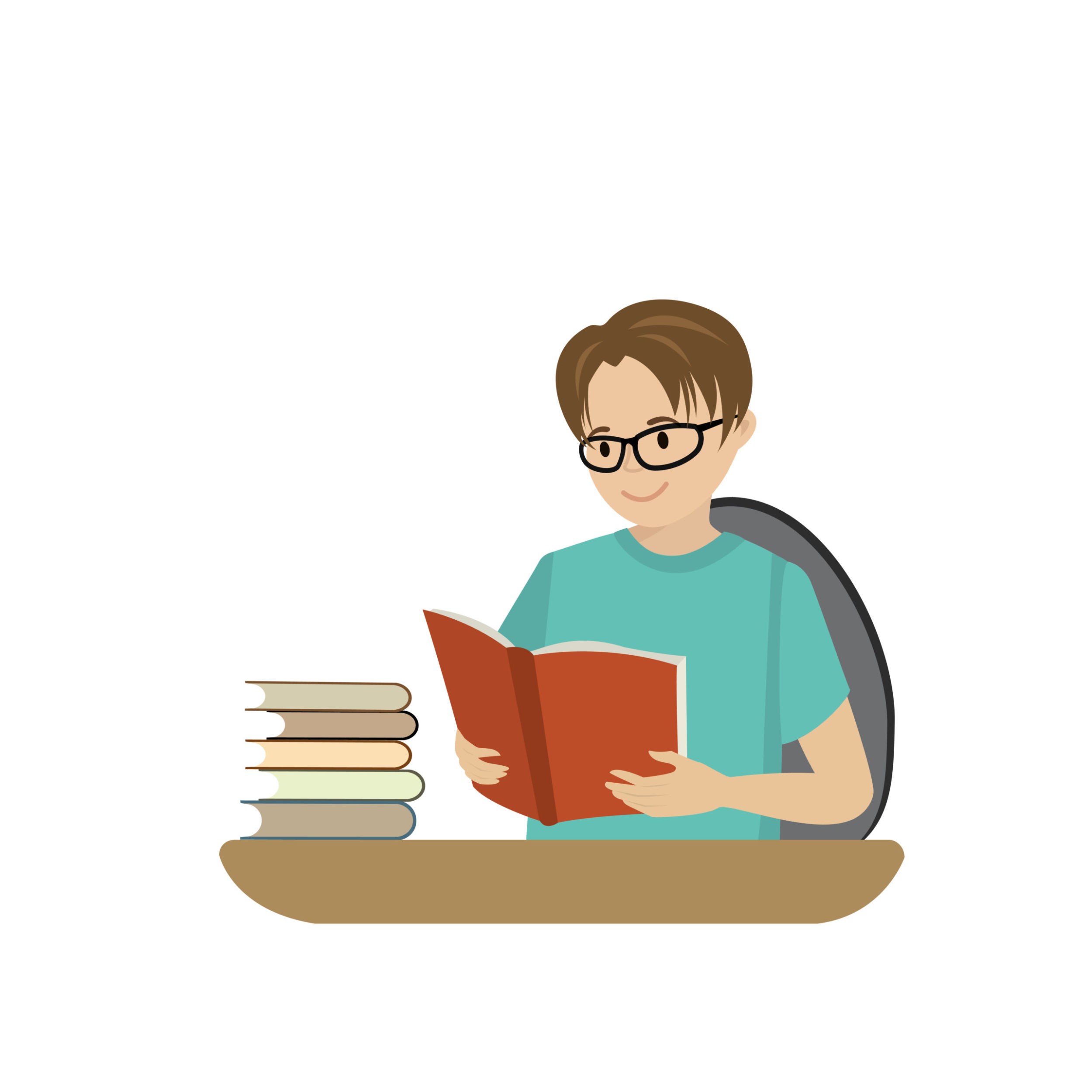 Boy with green shirt  and glasses reading open book.