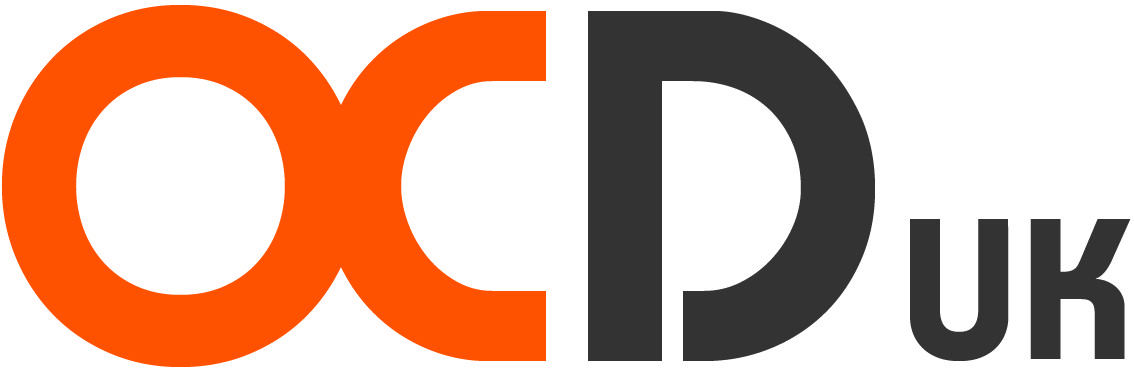 OCD-UK logo which is font based with Orange O and C connected and a dark grey D with a broken circle to show we can break free from OCD and small grey UK font