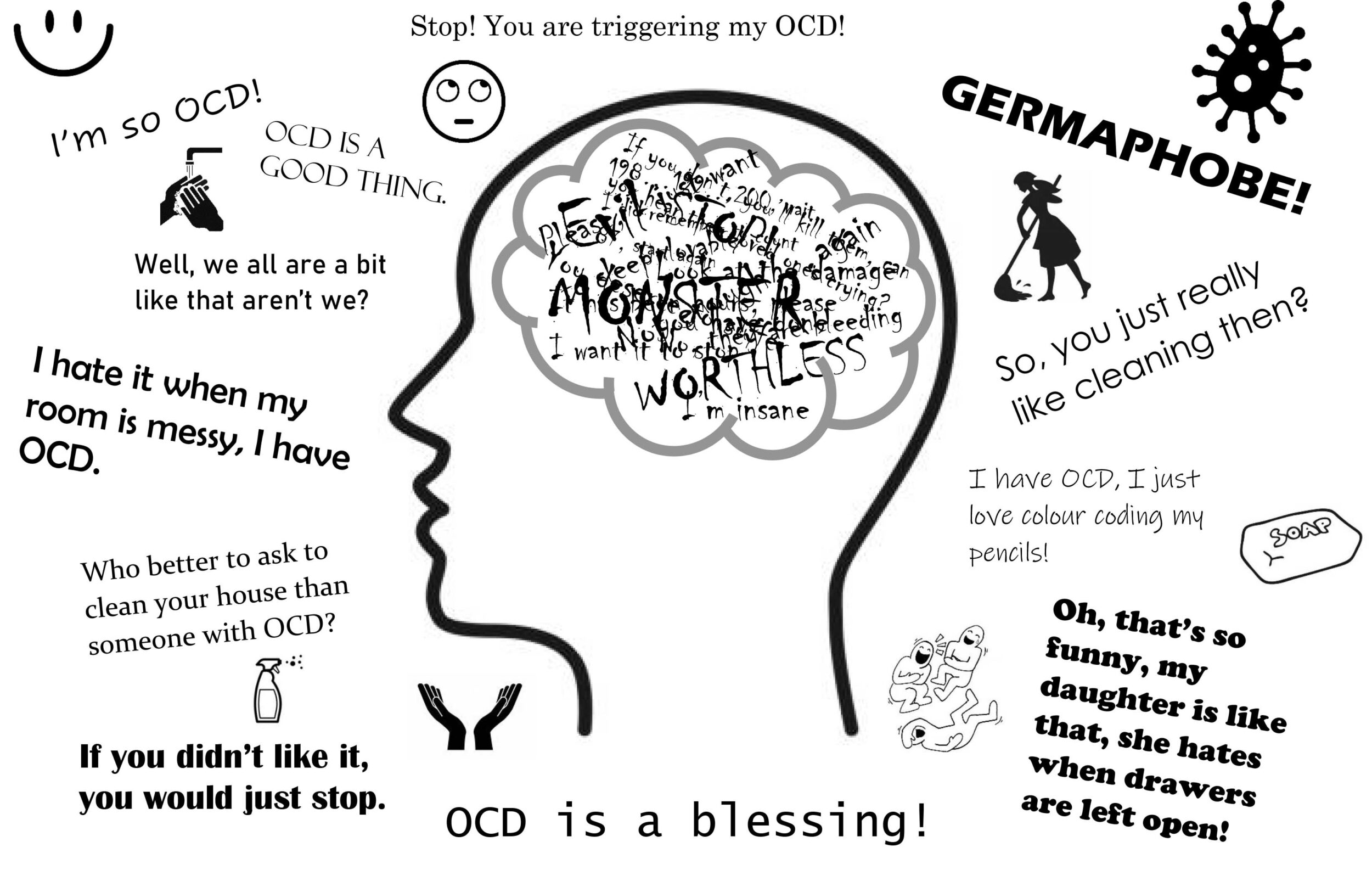 Illustration depicting a head with the negative truths about OCD and outside the head the myths people have about OCD.