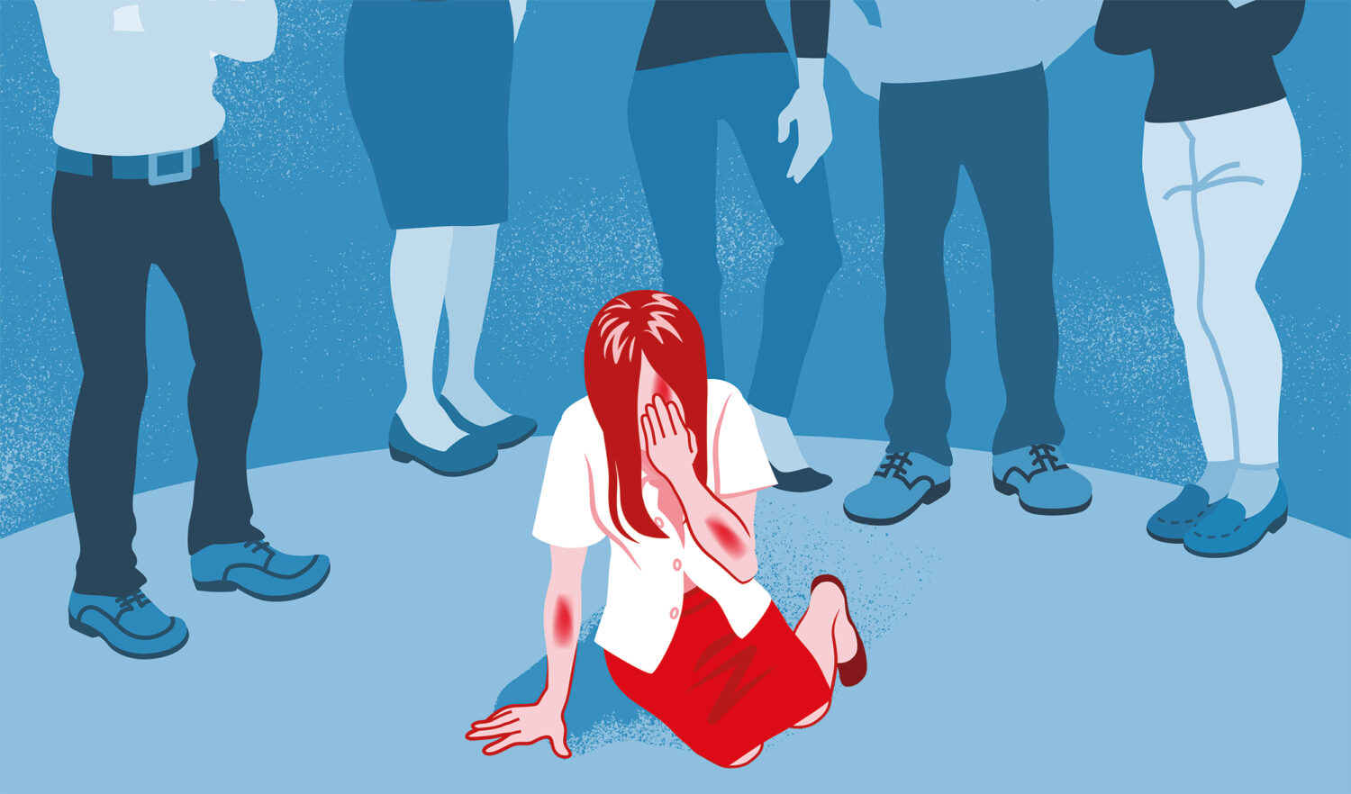 Illustration of a young woman on her knees with head in her hand, illustrated in red and the legs of 5 other people standing behind looking at her, the rest illustrated in blue.