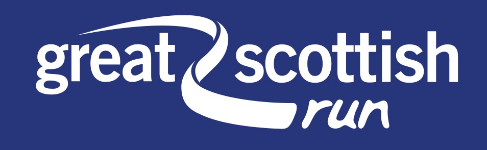 A copy of the GlasgGreat Scottish Run logo, blue and purple words with a swirled line through the middle